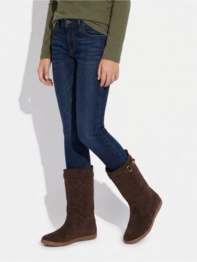 Coach Dark Brown Suede Logo Mid-Calf Boots with Gold Accents Suede sherpa lining